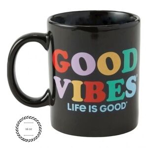 Life Is Good Good Vibes Black Mug 16 oz Colorful Quote Ceramic Coffee Cup BNIB